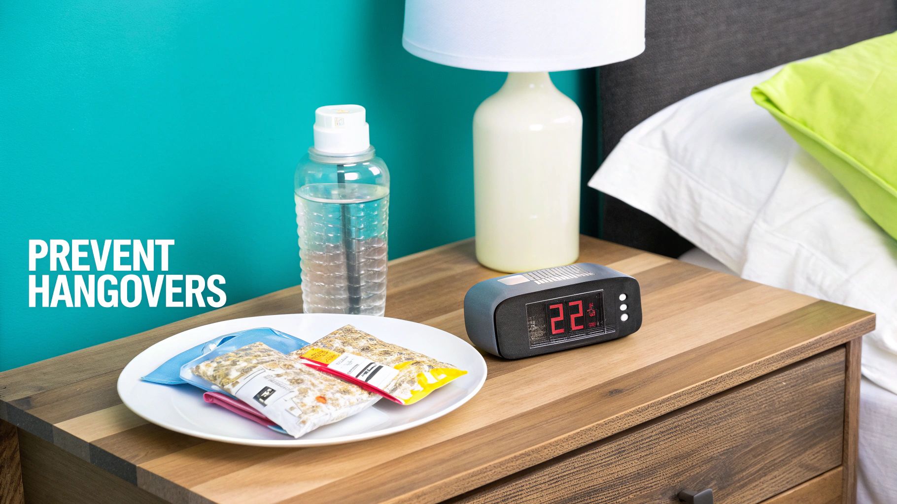 A nightstand with water, snacks, an alarm clock, and a lamp next to a bed, with text 'PREVENT HANGOVERS'.