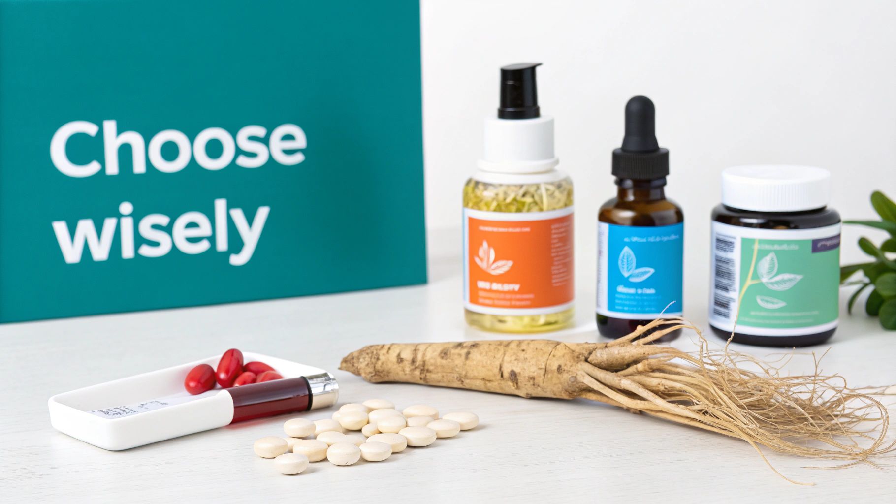 A collection of wellness products including ginseng root, supplements, and liquid extracts with 'Choose wisely' text.