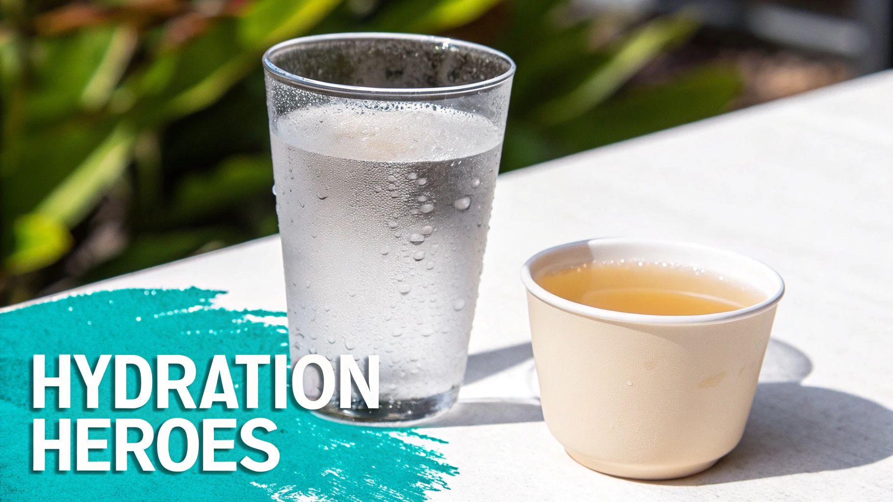 Glass of cold water and cup of warm broth for rehydration and hangover recovery