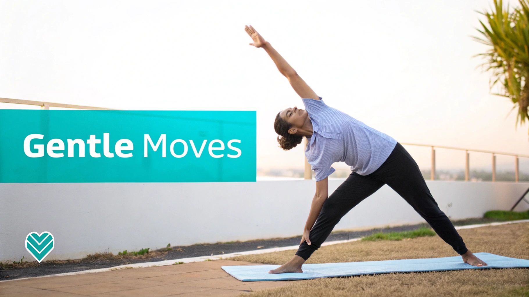 A person doing gentle yoga in a bright, airy room, looking relaxed.