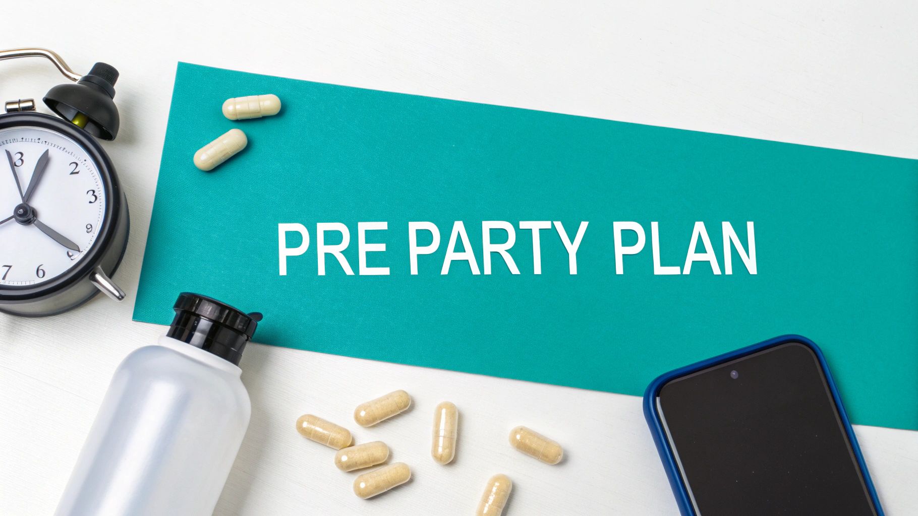 A person preparing for a night out, placing a supplement stick next to their keys and wallet on a table.