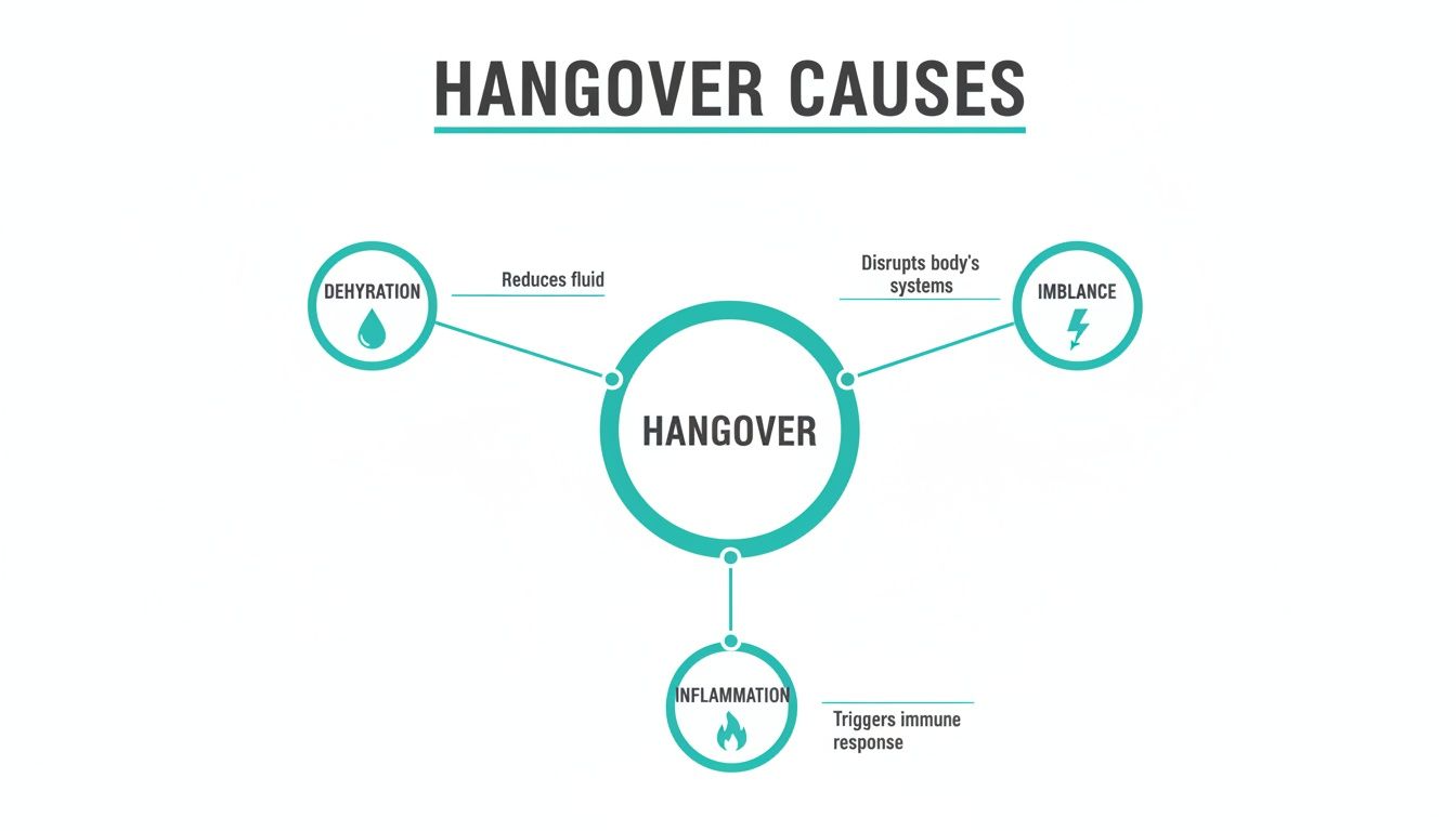A diagram illustrating the three main causes of hangovers: dehydration, imbalance, and inflammation.