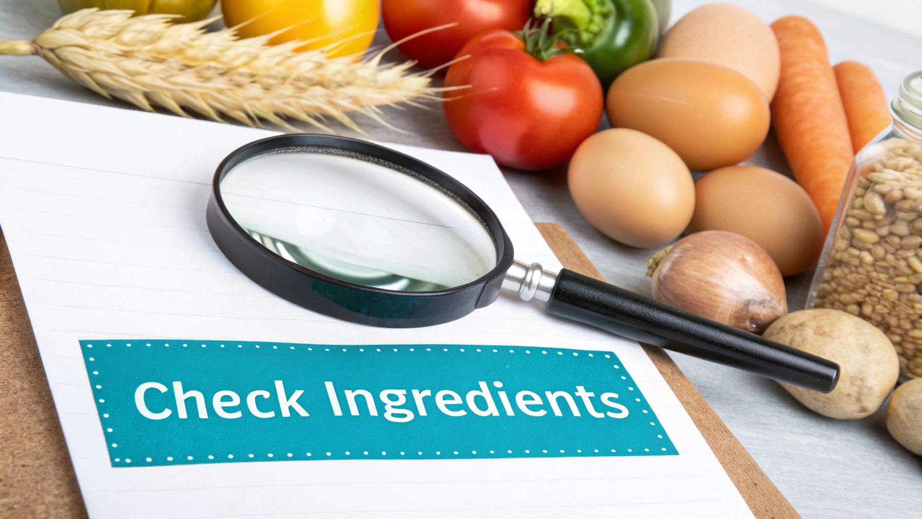 A magnifying glass rests on a paper with 'Check Ingredients' text, surrounded by fresh food items.