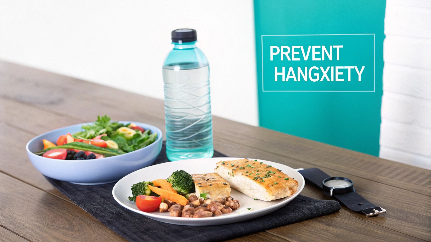 A healthy, balanced meal with chicken, vegetables, salad, and water, promoting prevention of 'hangxiety'.