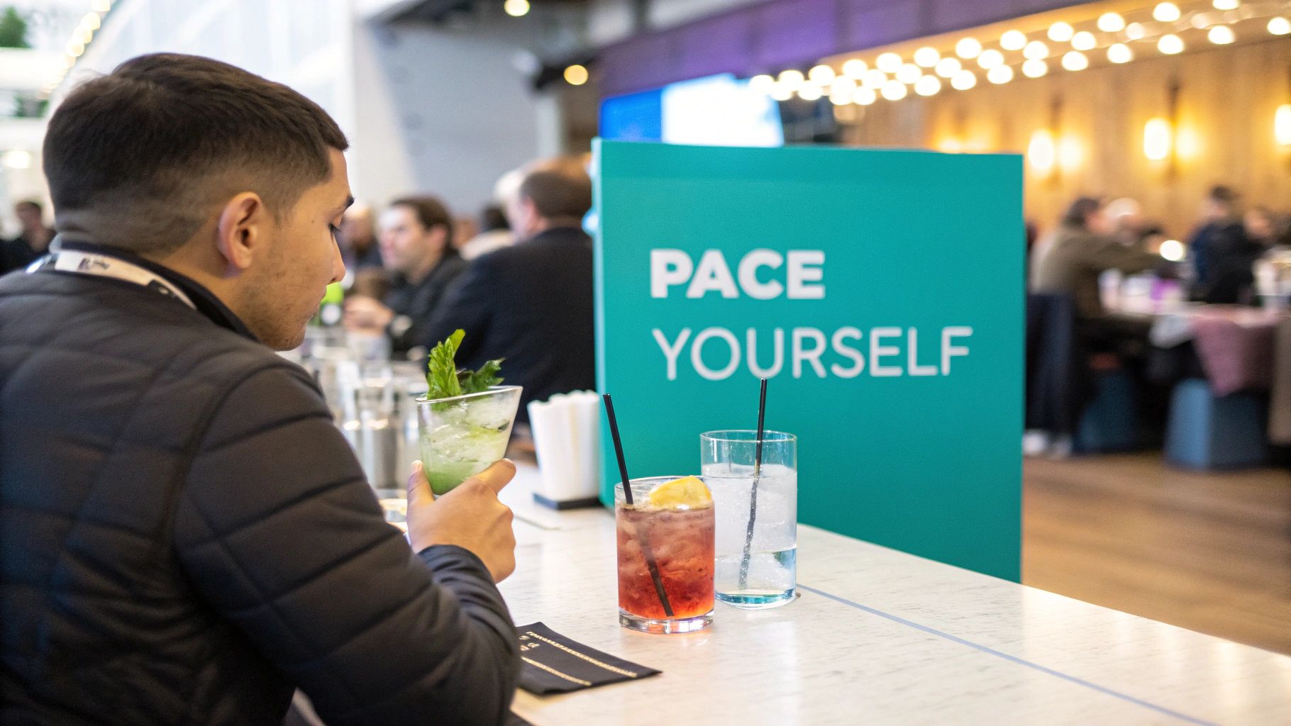 A man holding a vibrant green cocktail at a lively event, with a 'PACE YOURSELF' sign.