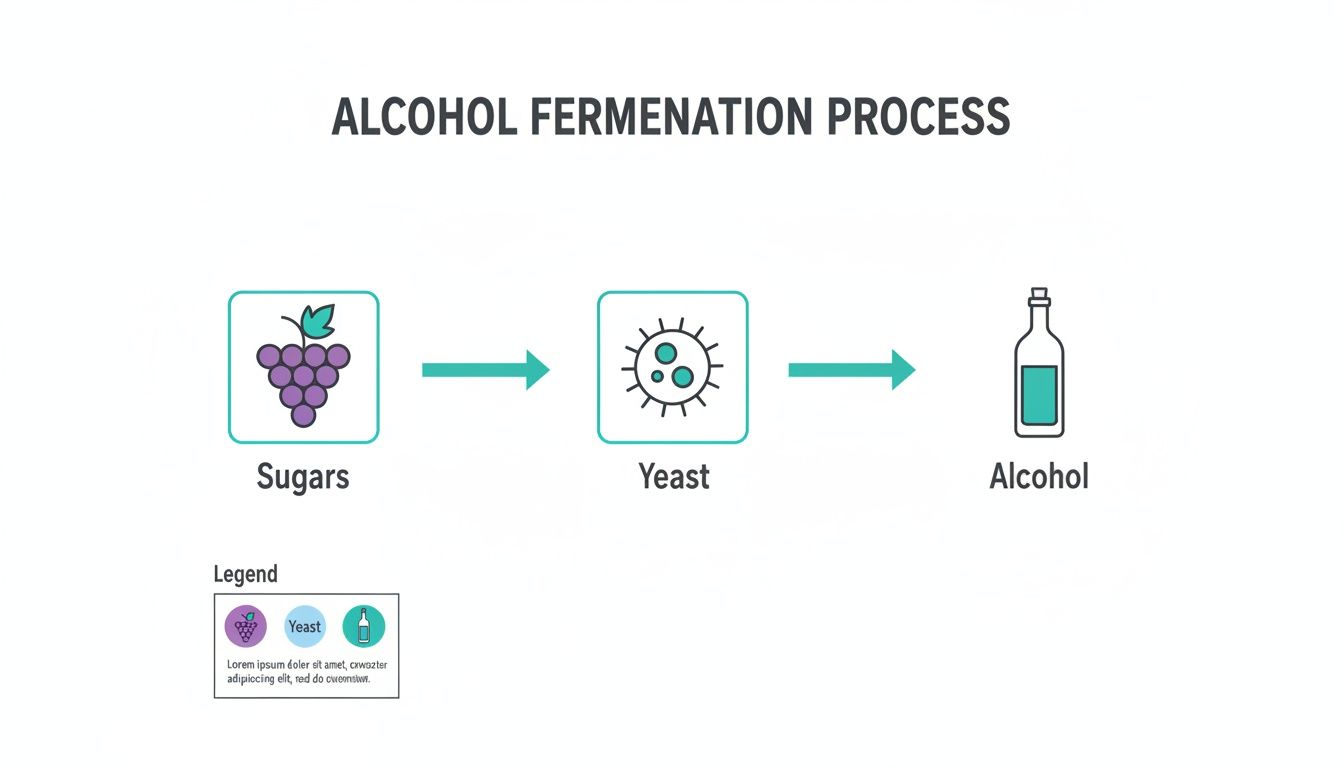 A diagram illustrating the alcohol fermentation process: sugars are converted by yeast into alcohol.