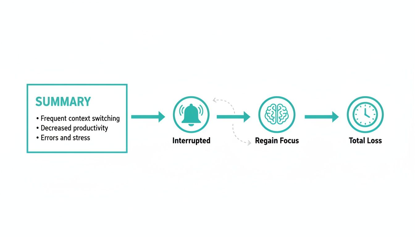 Flowchart illustrating the negative impact of interruptions on focus, productivity, and time loss.