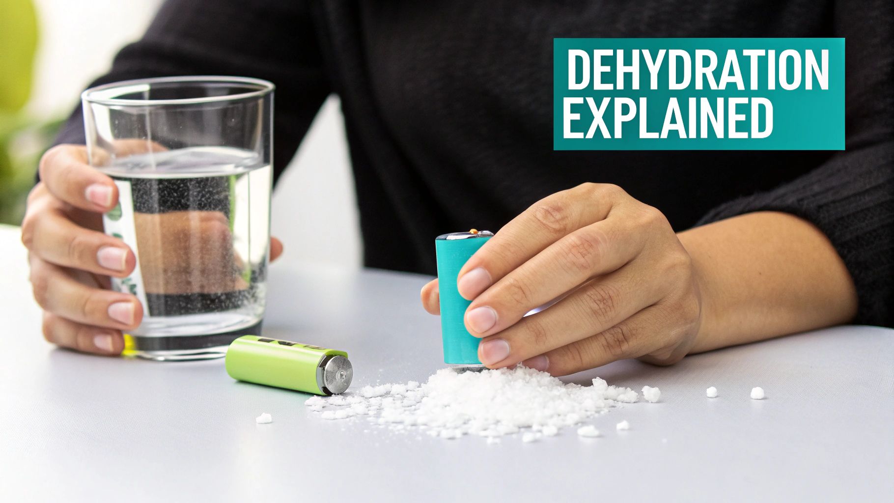 Person holding a glass of water and an electrolyte dispenser, illustrating dehydration explained.
