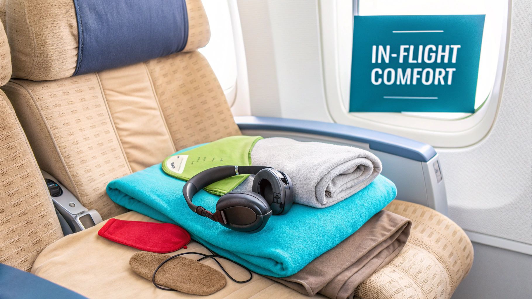 An airplane seat prepared with comfort items including blankets, headphones, eye mask, and slippers.