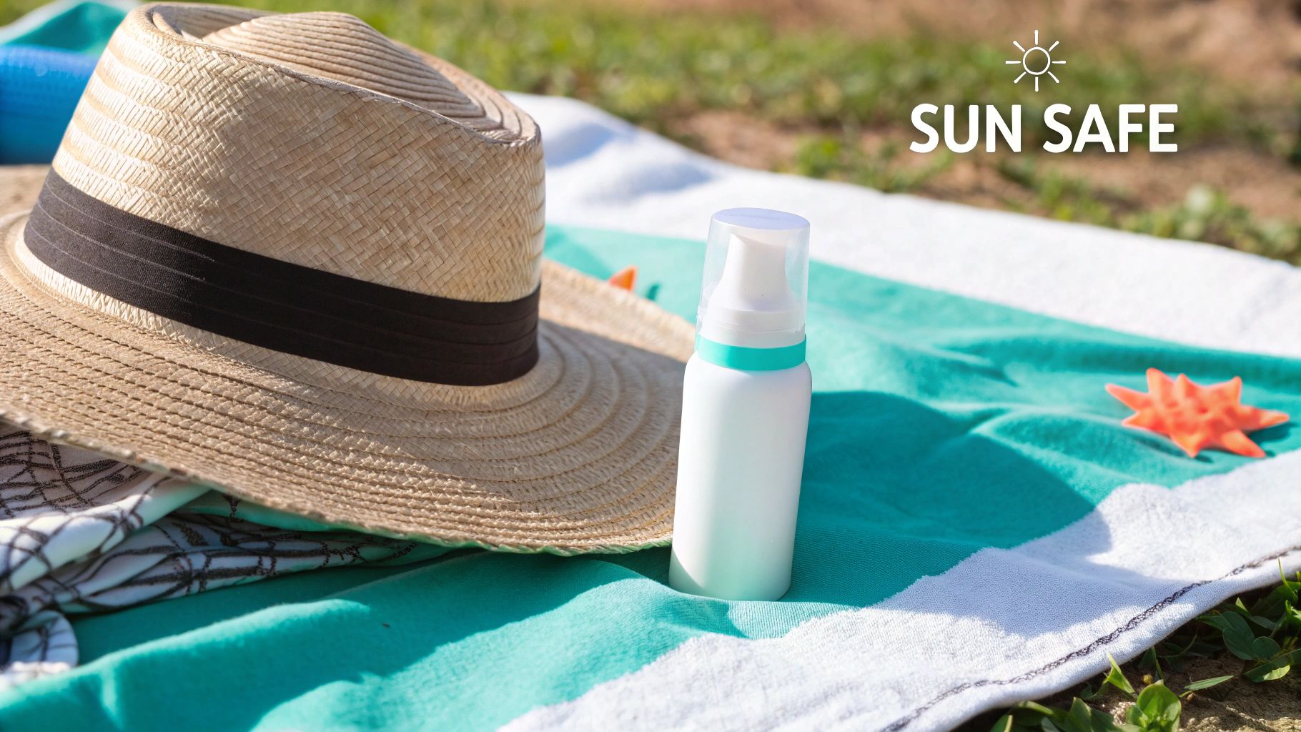 A straw hat, sunscreen bottle, and starfish on a striped towel under the sun with 'SUN SAFE' text.