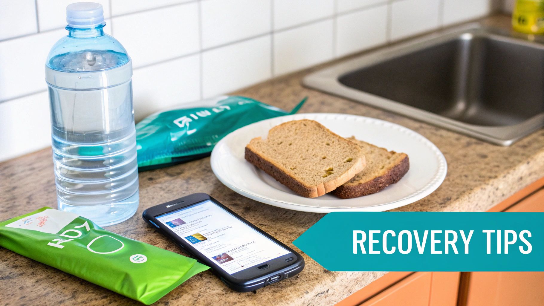 A kitchen counter with a water bottle, bread, green packets, and a smartphone, with a 'Recovery Tips' banner.
