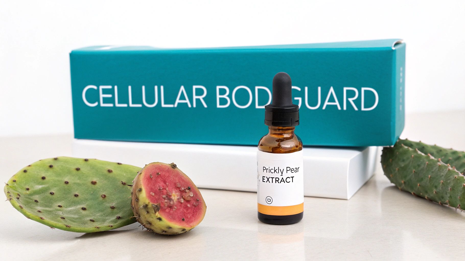 Prickly pear extract bottle with whole and cut prickly pear fruit, and cactus pads, next to a “CELLULAR BODY GUARD” box.
