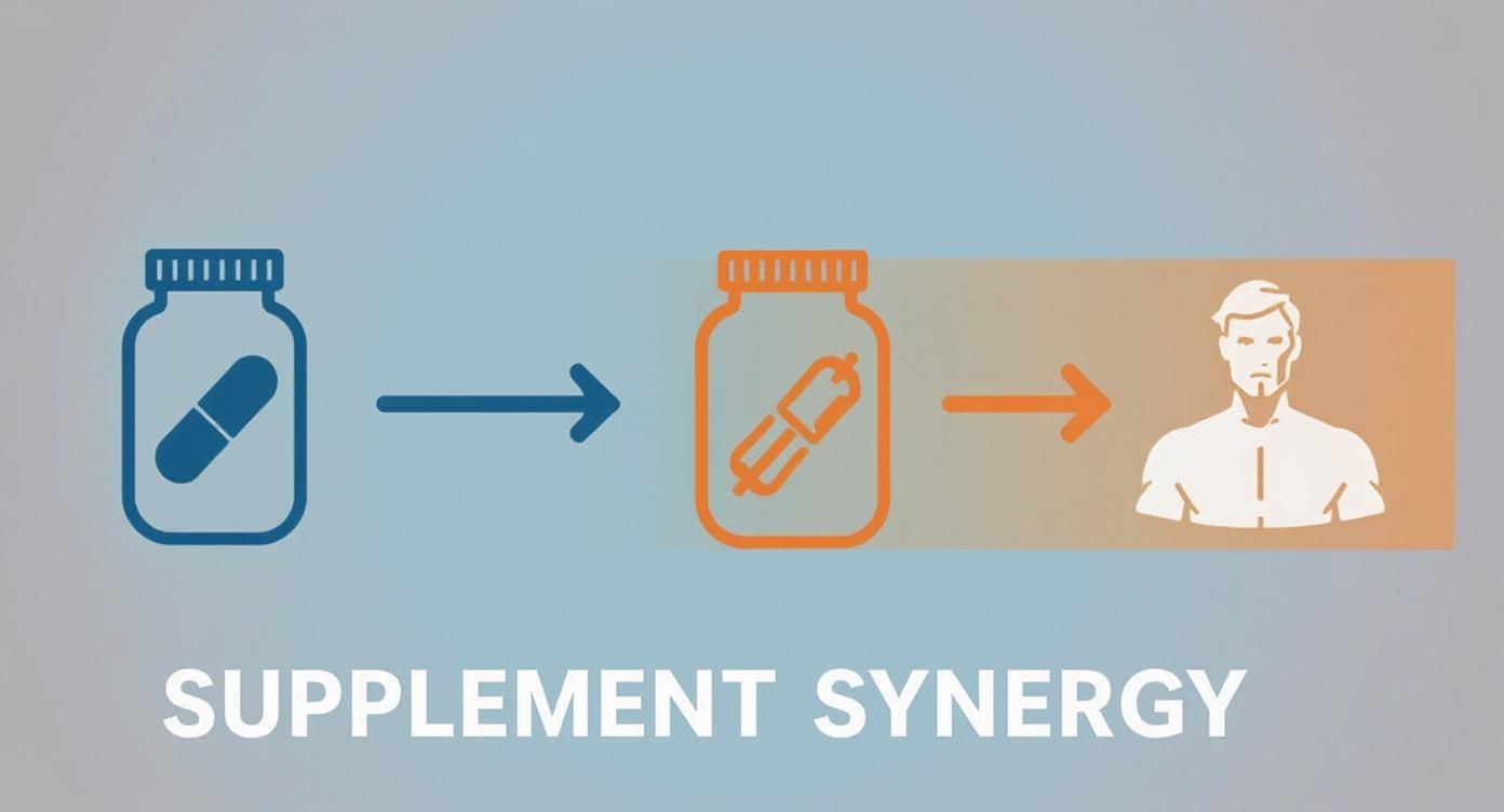 Diagram illustrating supplement synergy: blue pill bottle to orange liquid dropper, leading to a strong man.