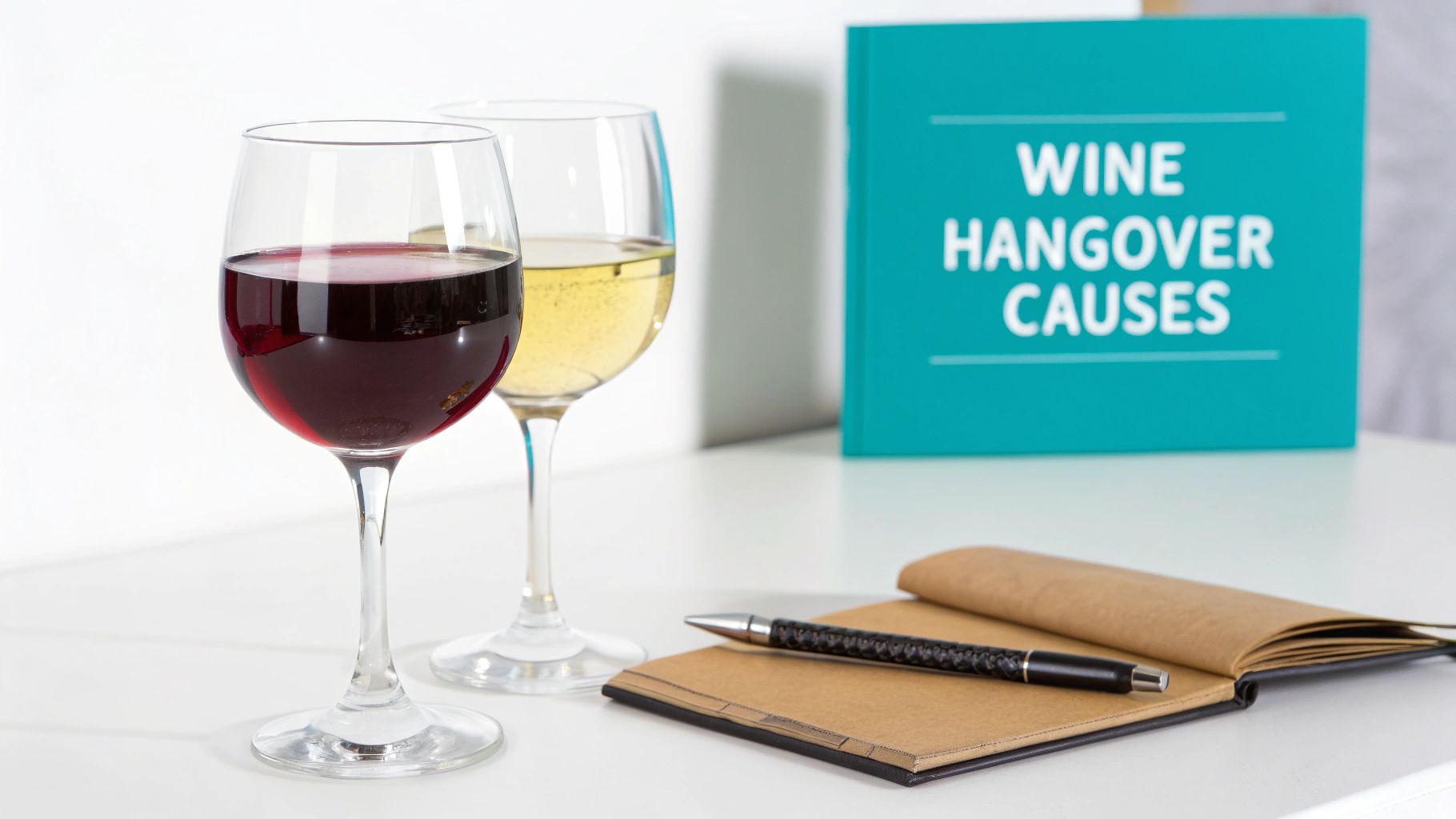 Two wine glasses (red and white) on a table next to a "WINE HANGOVER CAUSES" book and a notebook with a pen.