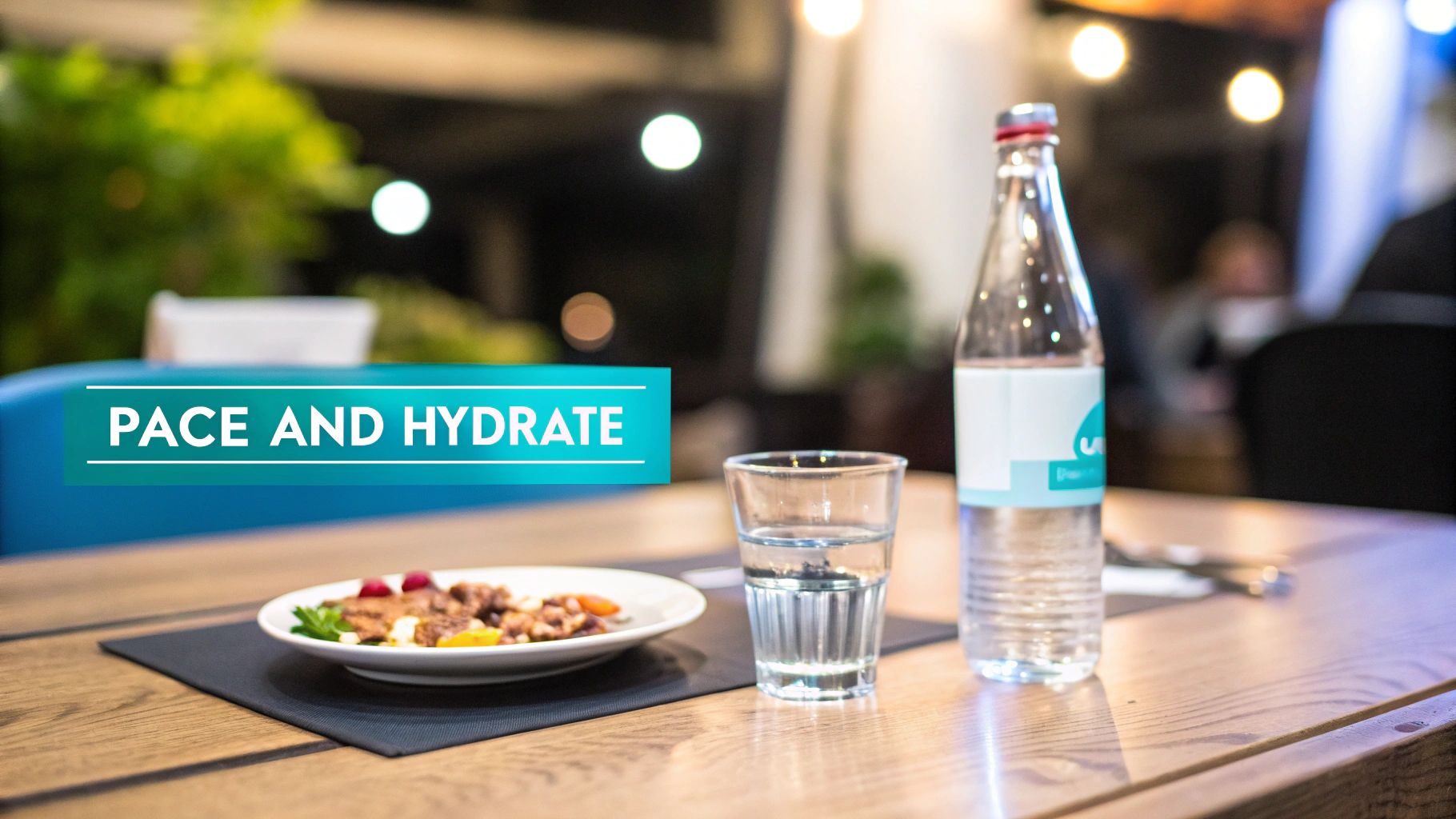 An indoor table with a plate of food, a water glass, and a bottle, featuring 'PACE AND HYDRATE' text.