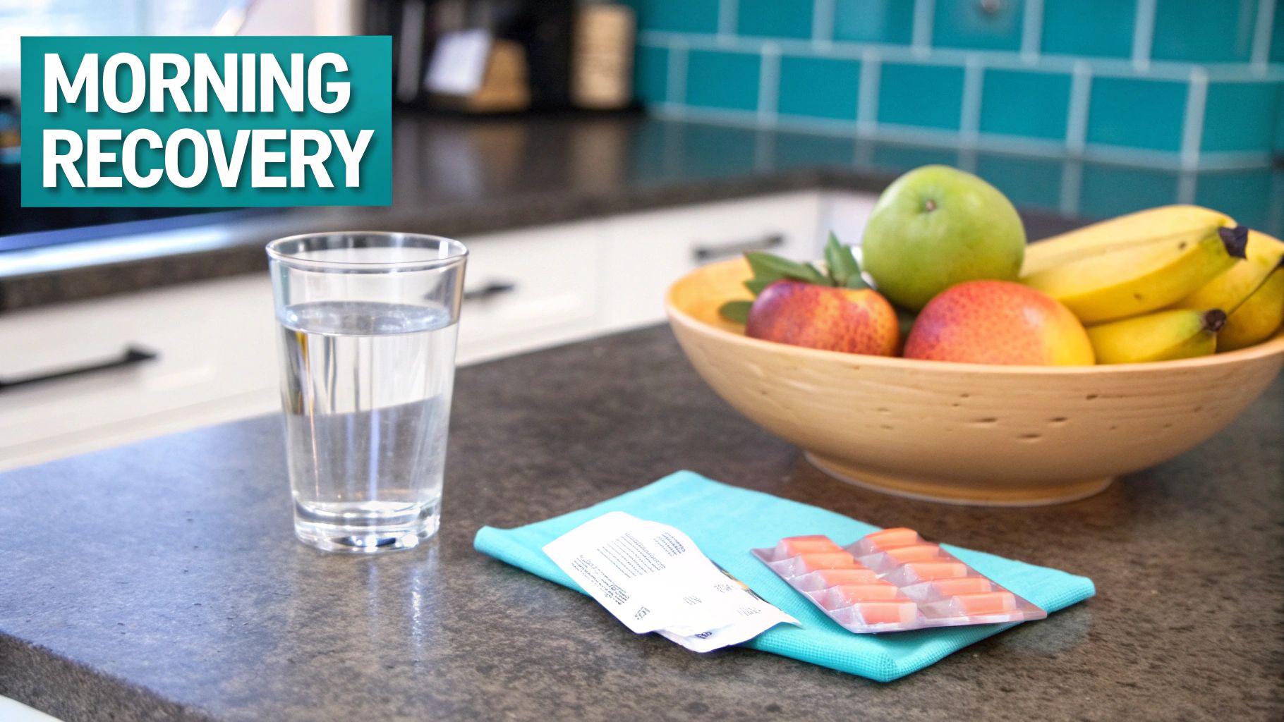 A glass of water with lemon next to a plate of eggs and toast, representing a healthy morning-after meal.
