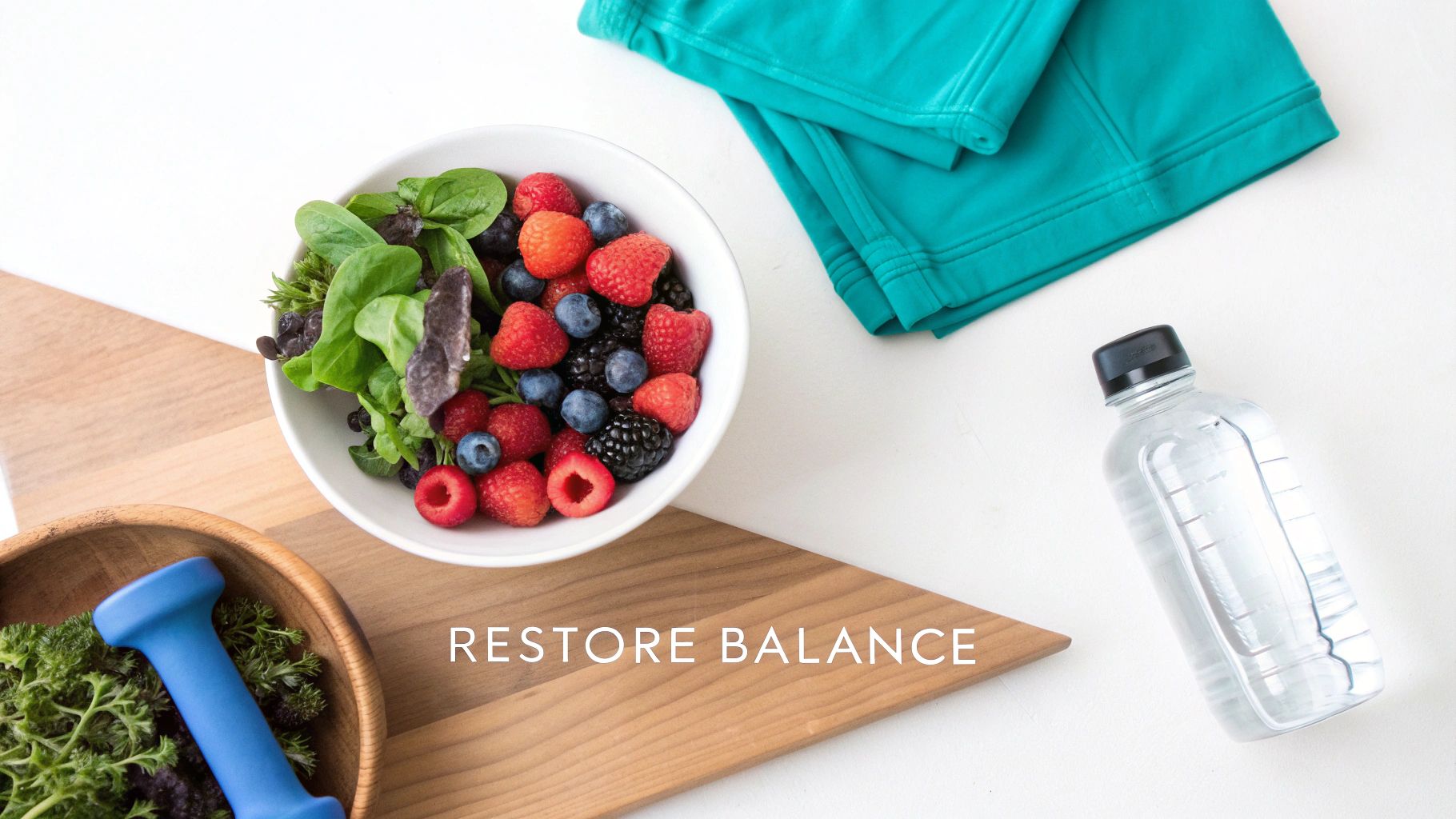 A healthy flat lay with a berry salad, dumbbell, workout clothes, and water bottle on a white and wood background.