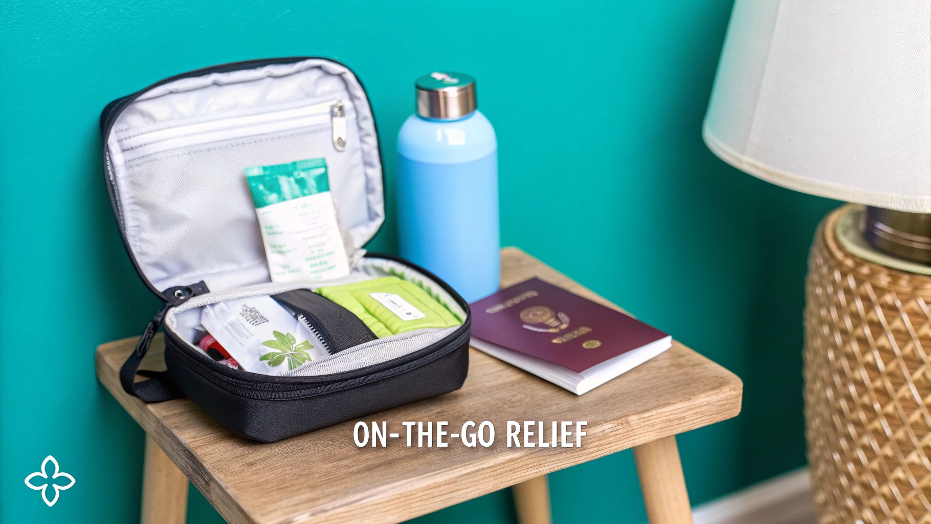 Essentials for on-the-go relief: open travel case with vitamins, water bottle, and passport.