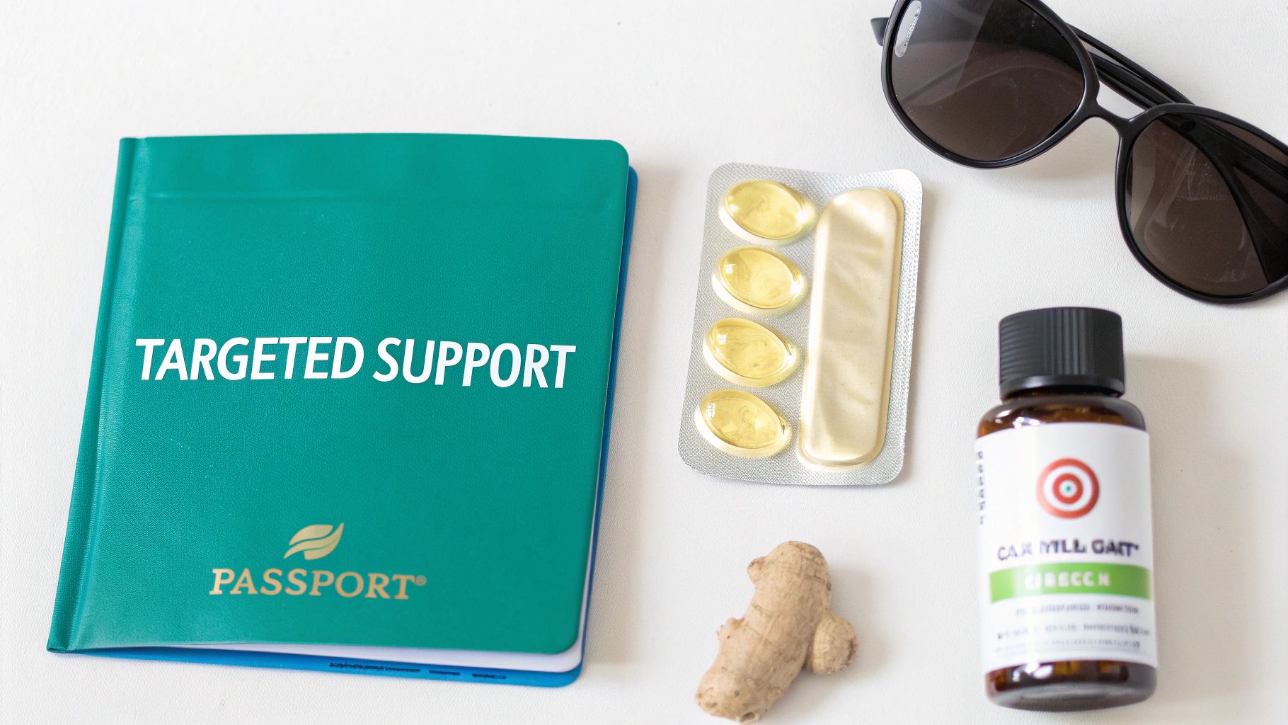 A flat lay of health and travel essentials including a 'Passport' book, supplements, ginger, and sunglasses.
