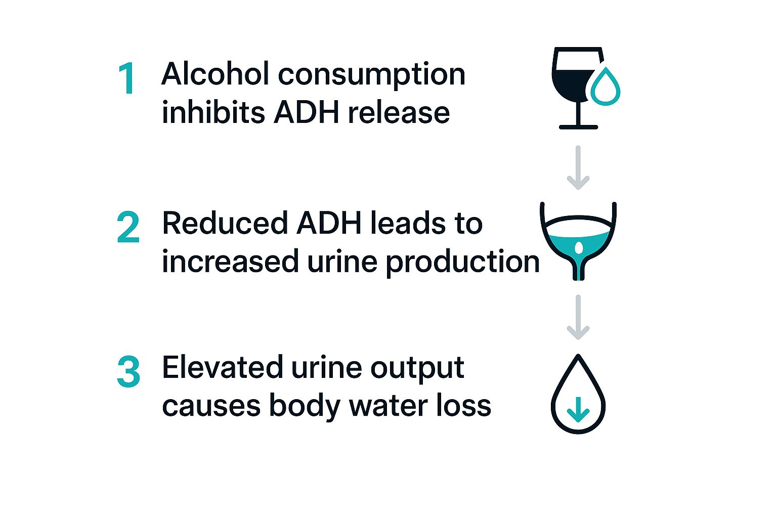 Infographic detailing how alcohol suppresses ADH, leading the kidneys to excrete excess water and cause dehydration.