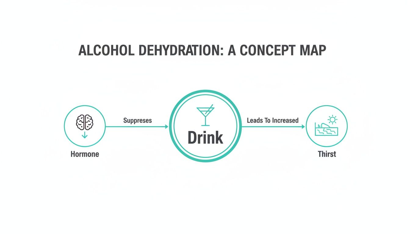 Concept map illustrating alcohol dehydration, showing how drinking suppresses a hormone, leading to increased thirst.