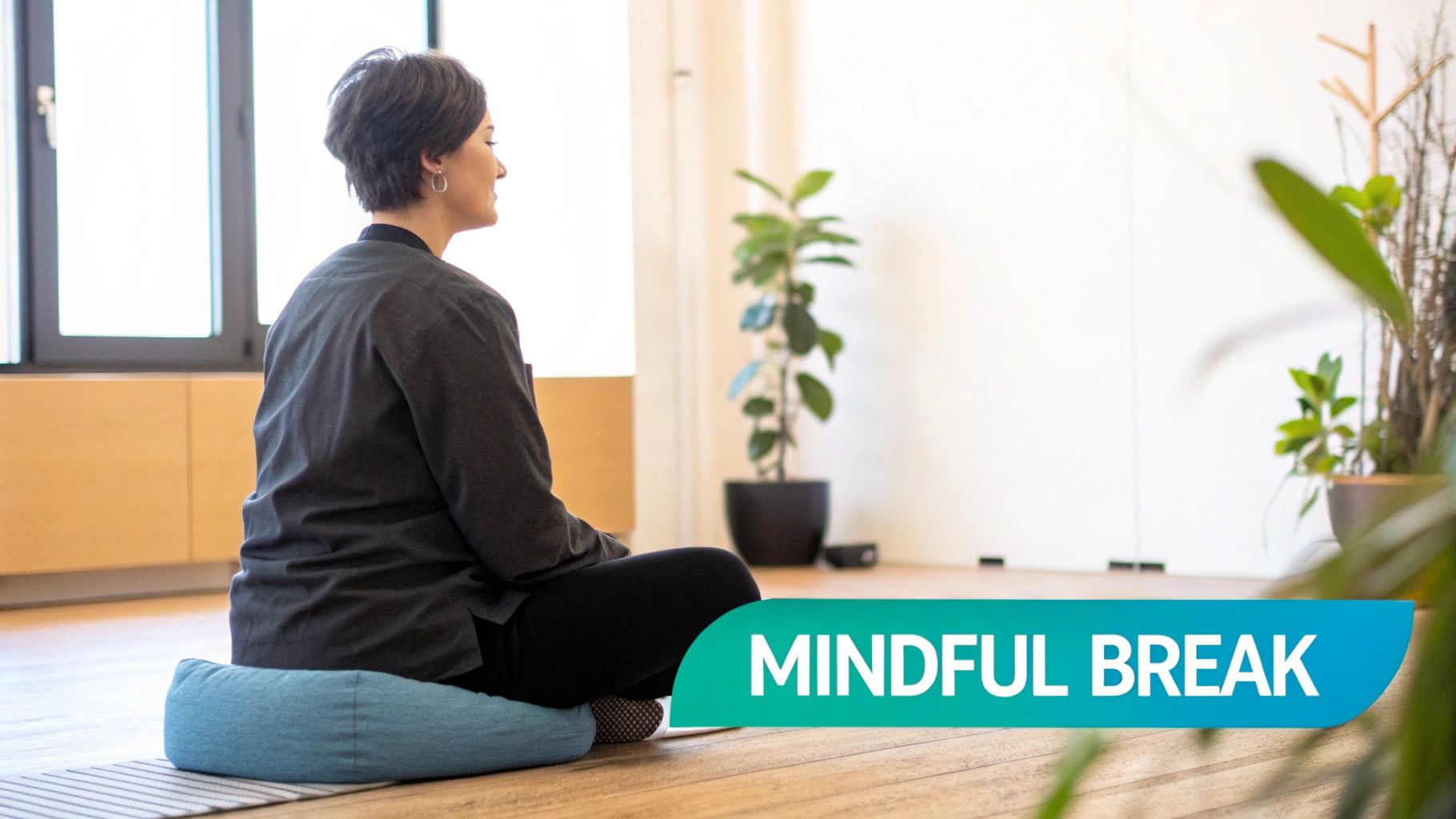 A person meditating on a blue cushion during a mindful break in a bright room.