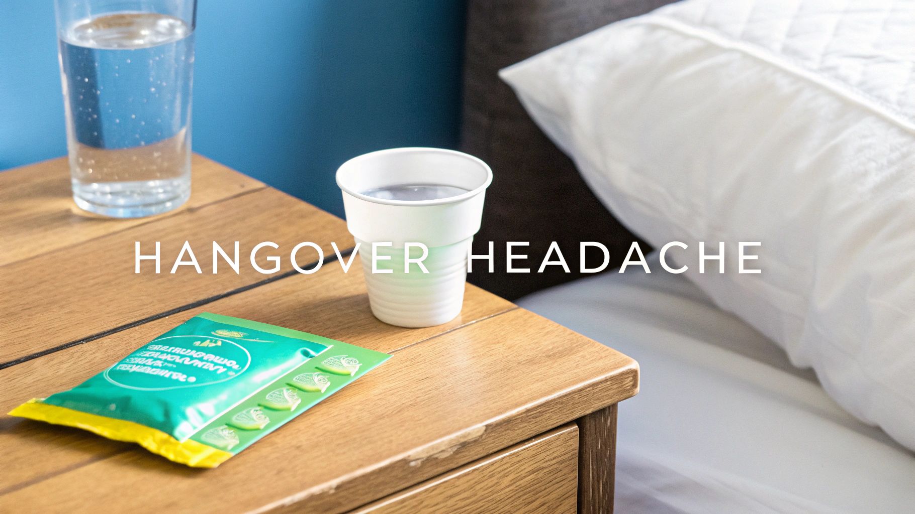 A glass of water, a plastic cup, and a green sachet on a nightstand, with 'HANGOVER HEADACHE' text.