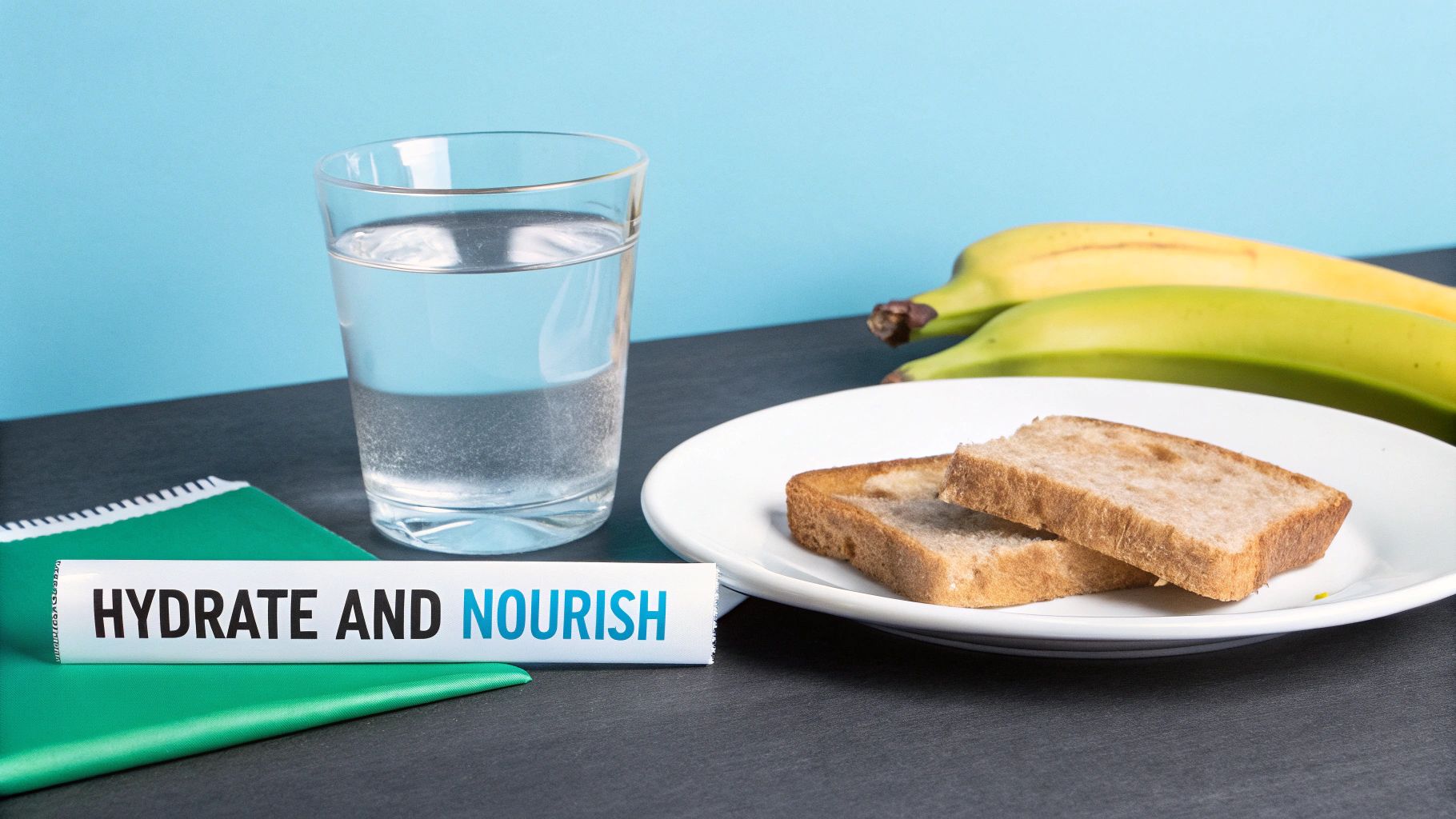 A refreshing glass of water, toast, and bananas alongside a 'HYDRATE AND NOURISH' sign.