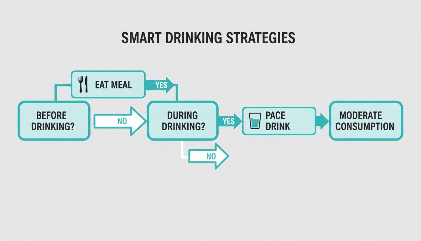 Flowchart outlining smart drinking strategies for responsible and moderate alcohol consumption.