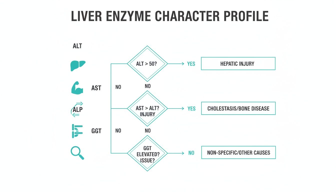 Decision tree for liver enzyme character profile, assessing ALT, AST, and GGT levels for diagnosis.