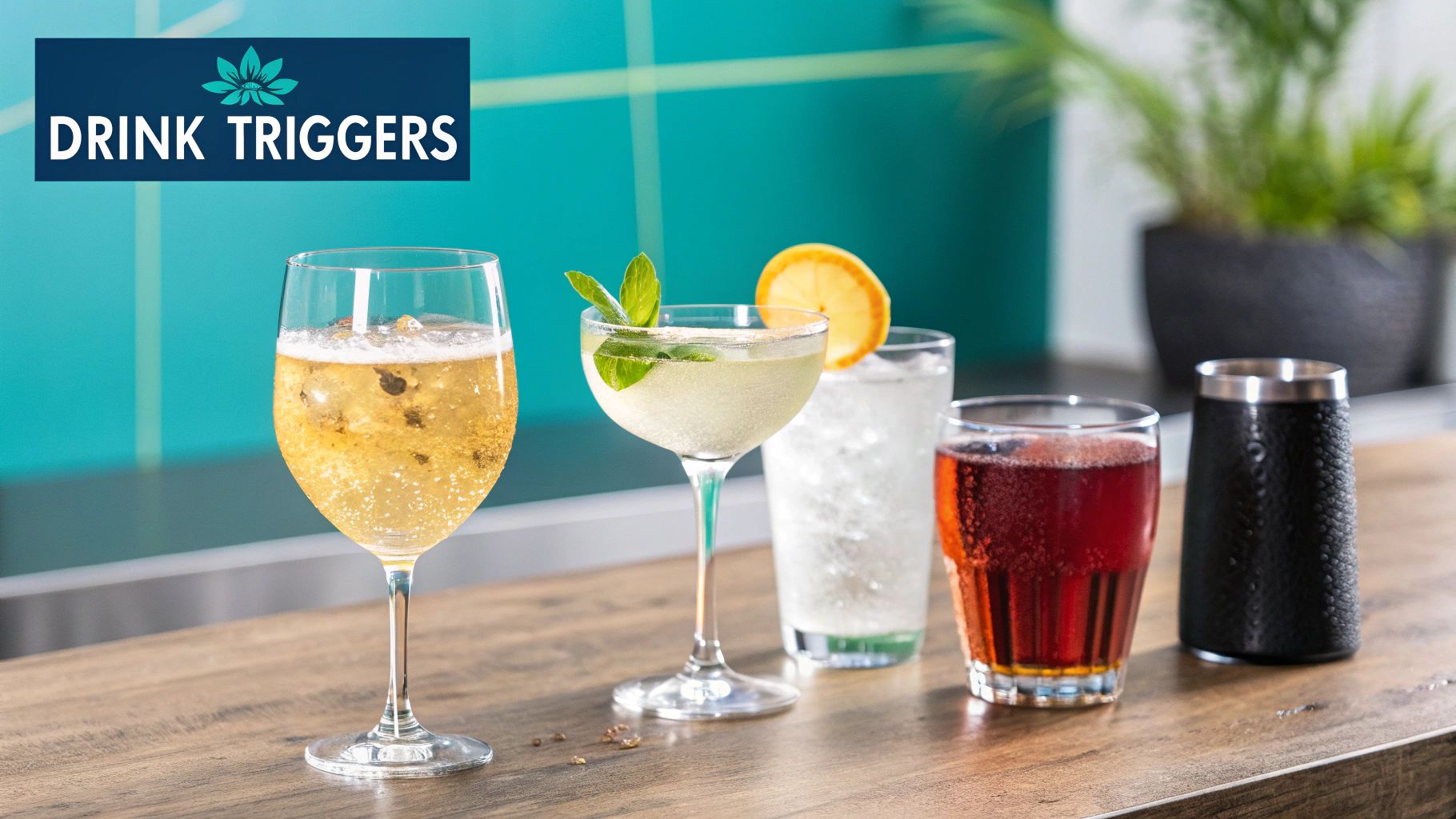 A variety of mixed drinks in different glasses on a wooden table, with a 'Drink Triggers' banner.