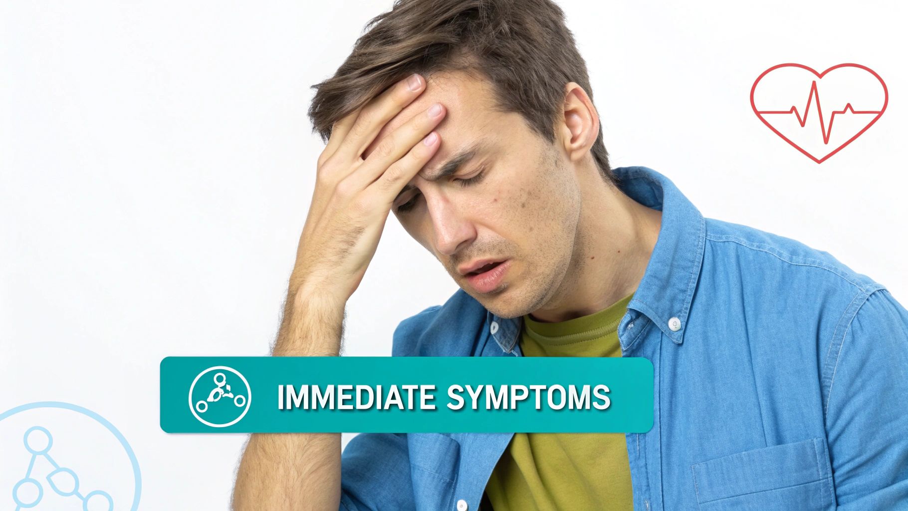 A distressed man holding his head, with a banner that reads 'IMMEDIATE SYMPTOMS' and a heart icon.
