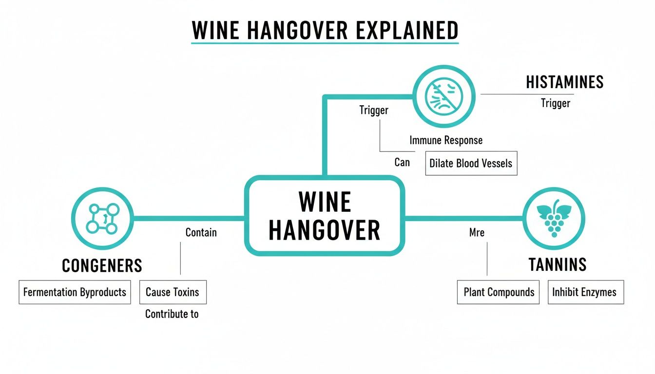 Diagram explaining wine hangovers, detailing the roles of congeners, histamines, and tannins as contributing factors.