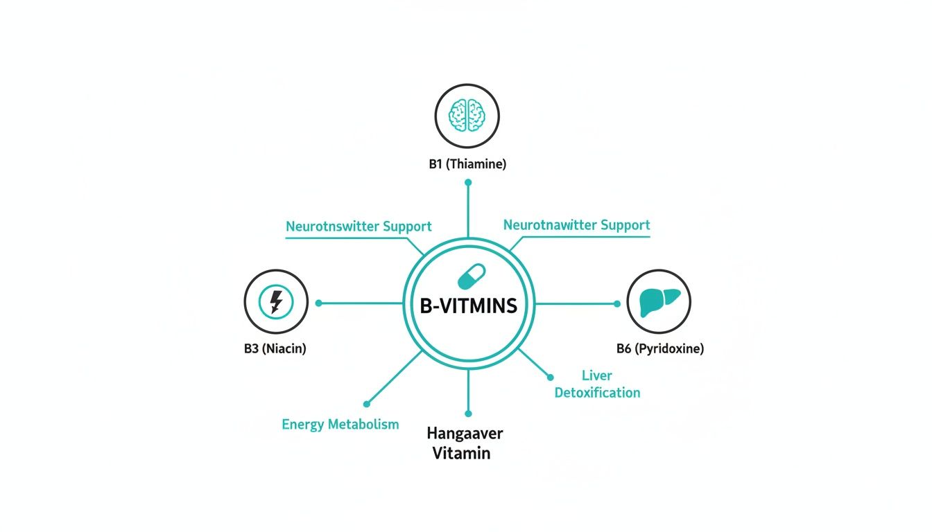 A diagram illustrating B-vitamins, including B1, B3, and B6, and their benefits for neurotransmitter support, energy metabolism, liver detoxification, and hangovers.