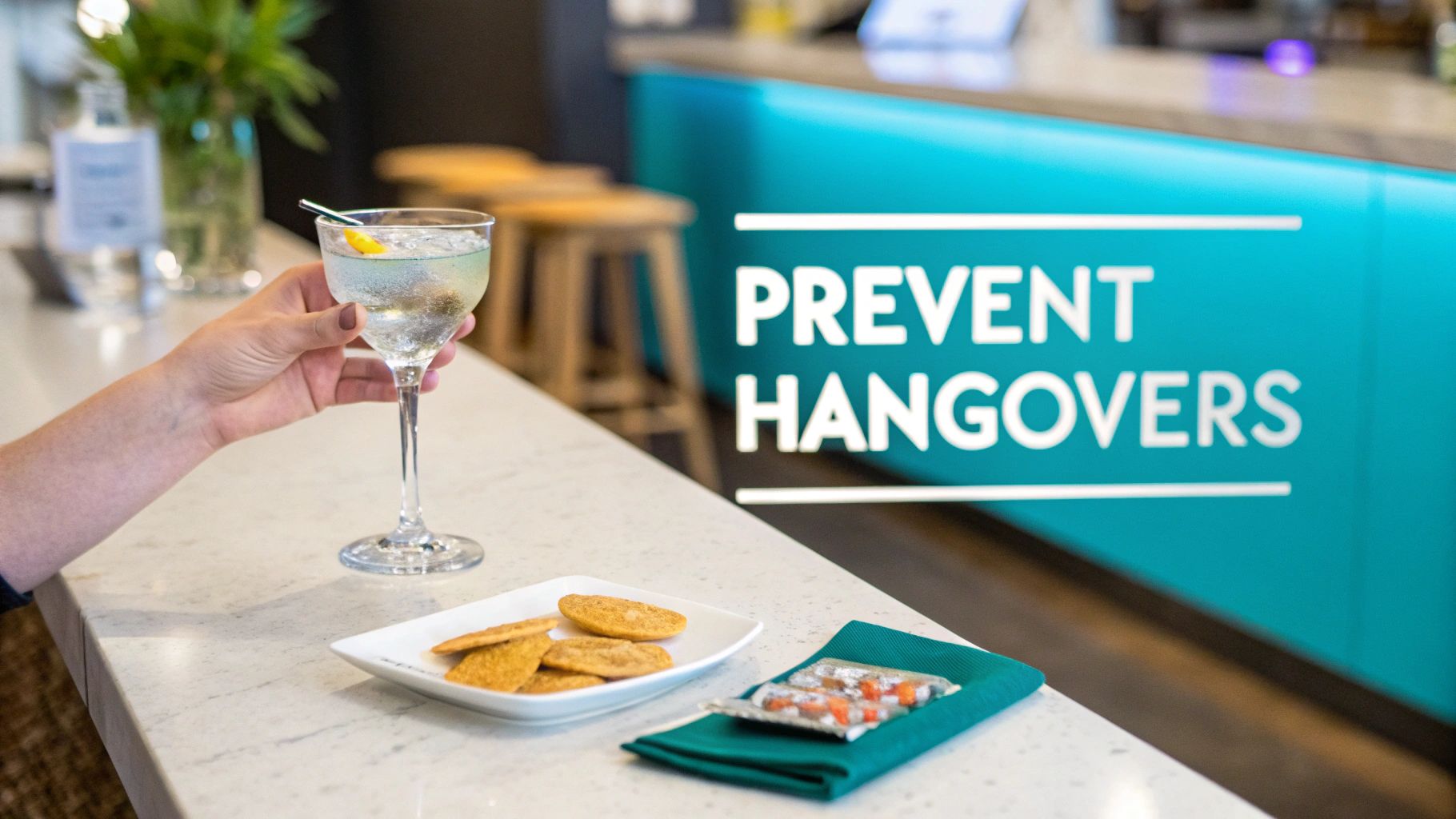 A hand holds a cocktail glass next to a plate of crackers and a blister pack of pills, with "PREVENT HANGOVERS" text in the background.