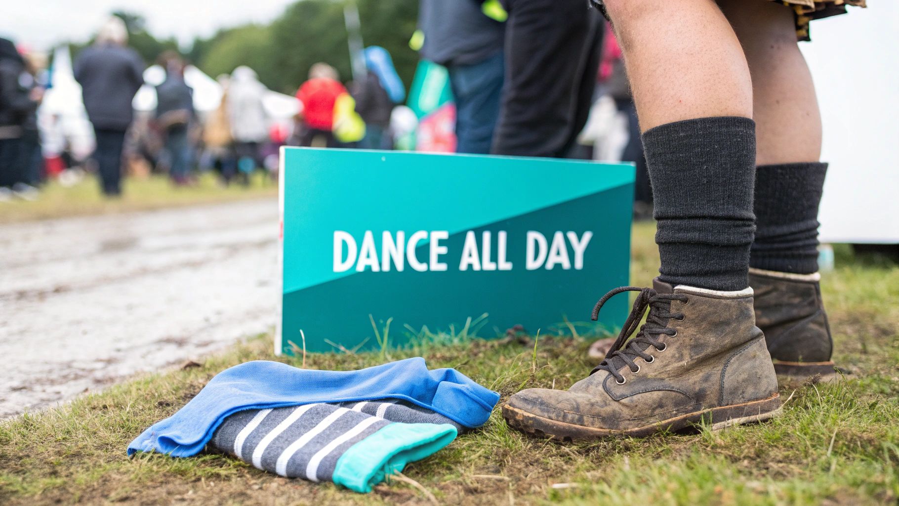 Person wearing dirty boots and socks near a 'DANCE ALL DAY' sign at an outdoor festival.