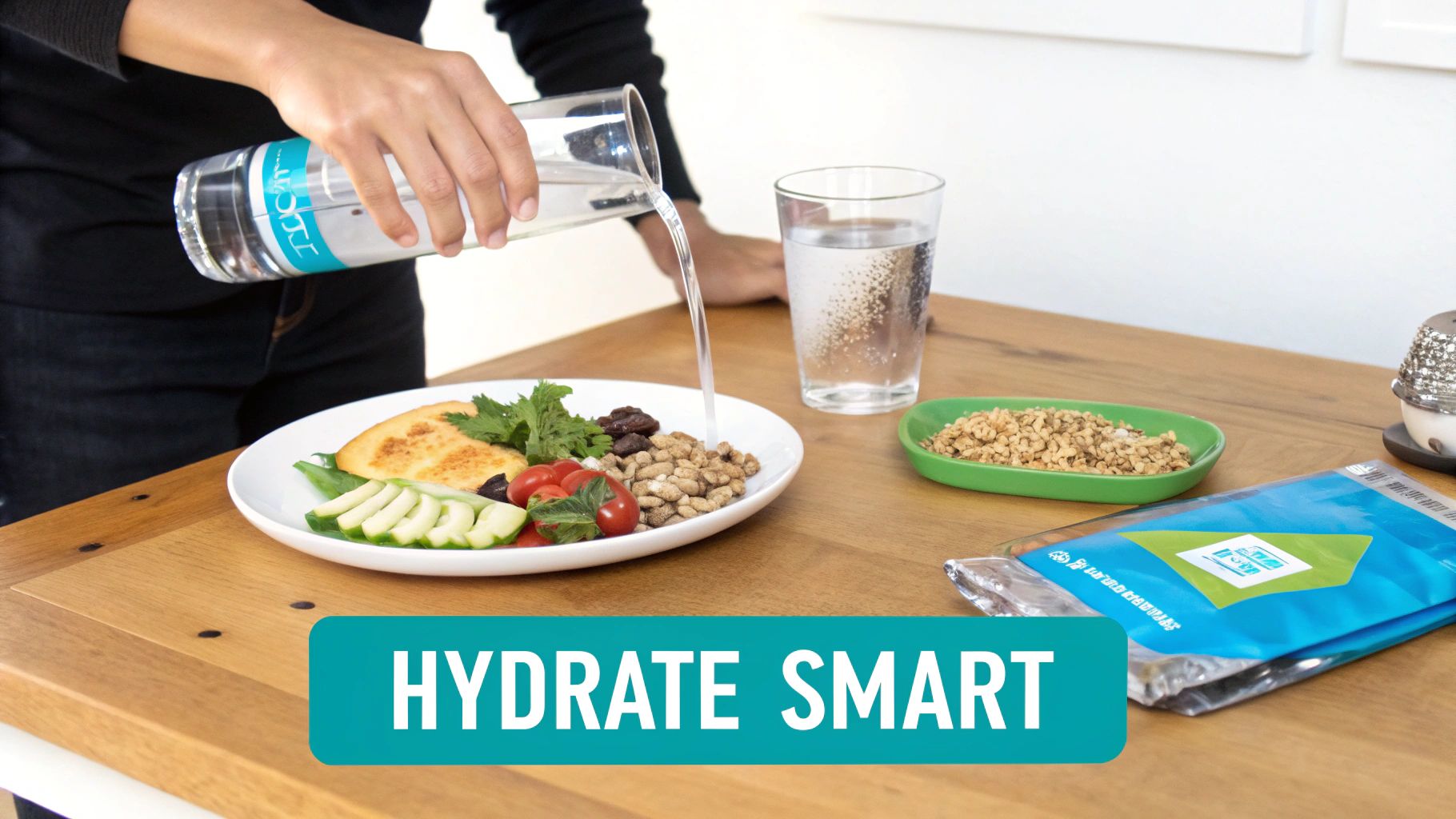 Person pouring water onto a healthy plate of vegetables, grains, and protein, emphasizing smart hydration.
