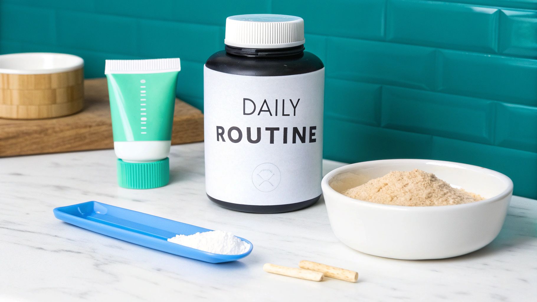 A 'DAILY ROUTINE' supplement bottle, green cream tube, and various powders on a marble counter.