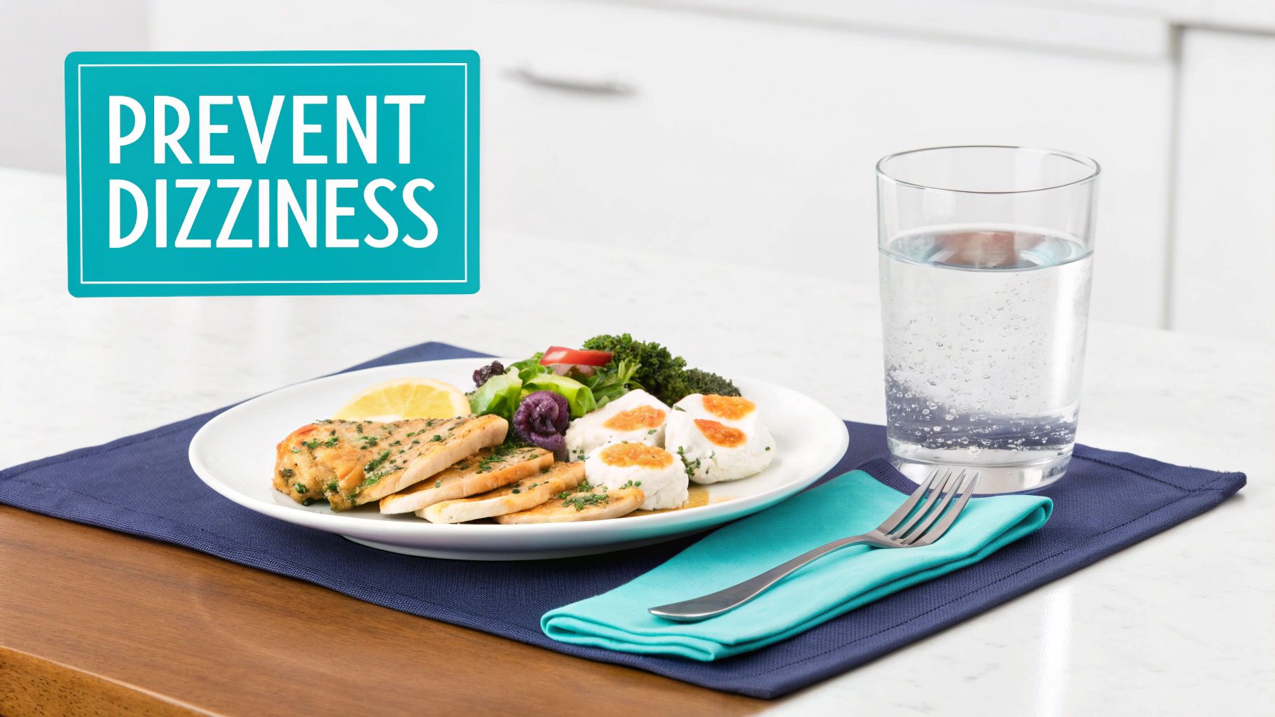 A healthy meal with chicken, salad, cheese, and water, with a sign reading "PREVENT DIZZINESS."