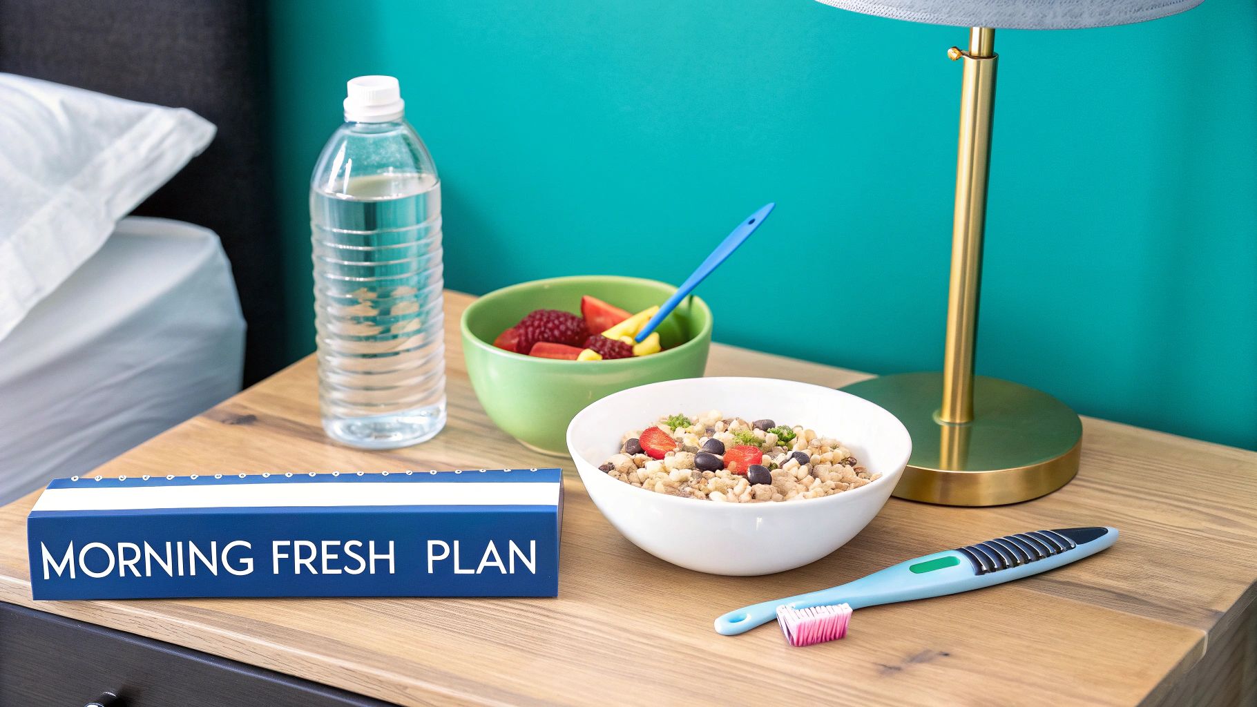 A glass of water with lemon slices next to a toothbrush on a clean bathroom counter