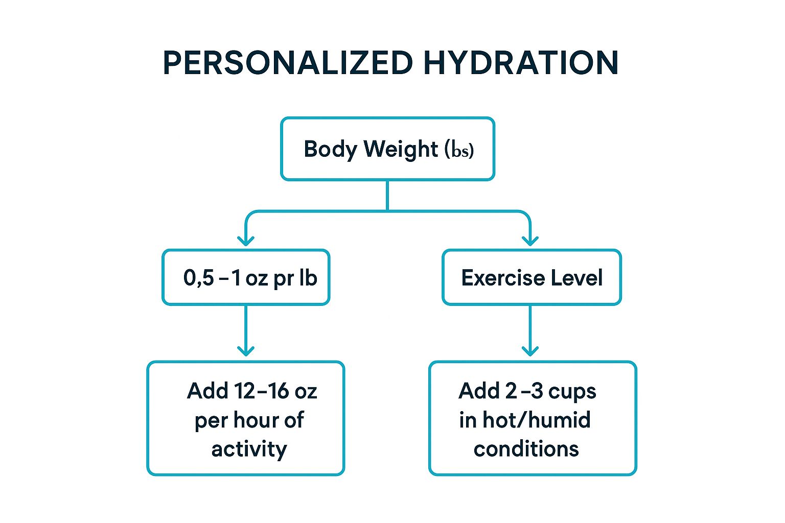 Infographic showing a decision tree for personalized hydration based on body weight, exercise, and climate