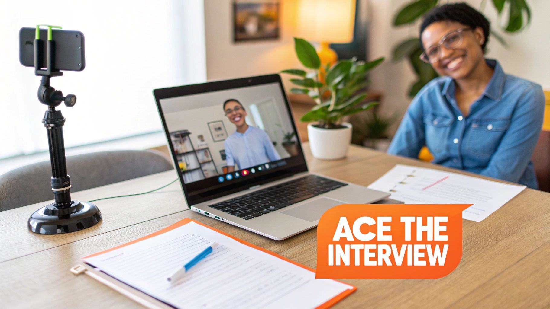 A smiling woman engages in a virtual job interview setup with a laptop, phone tripod, and documents.