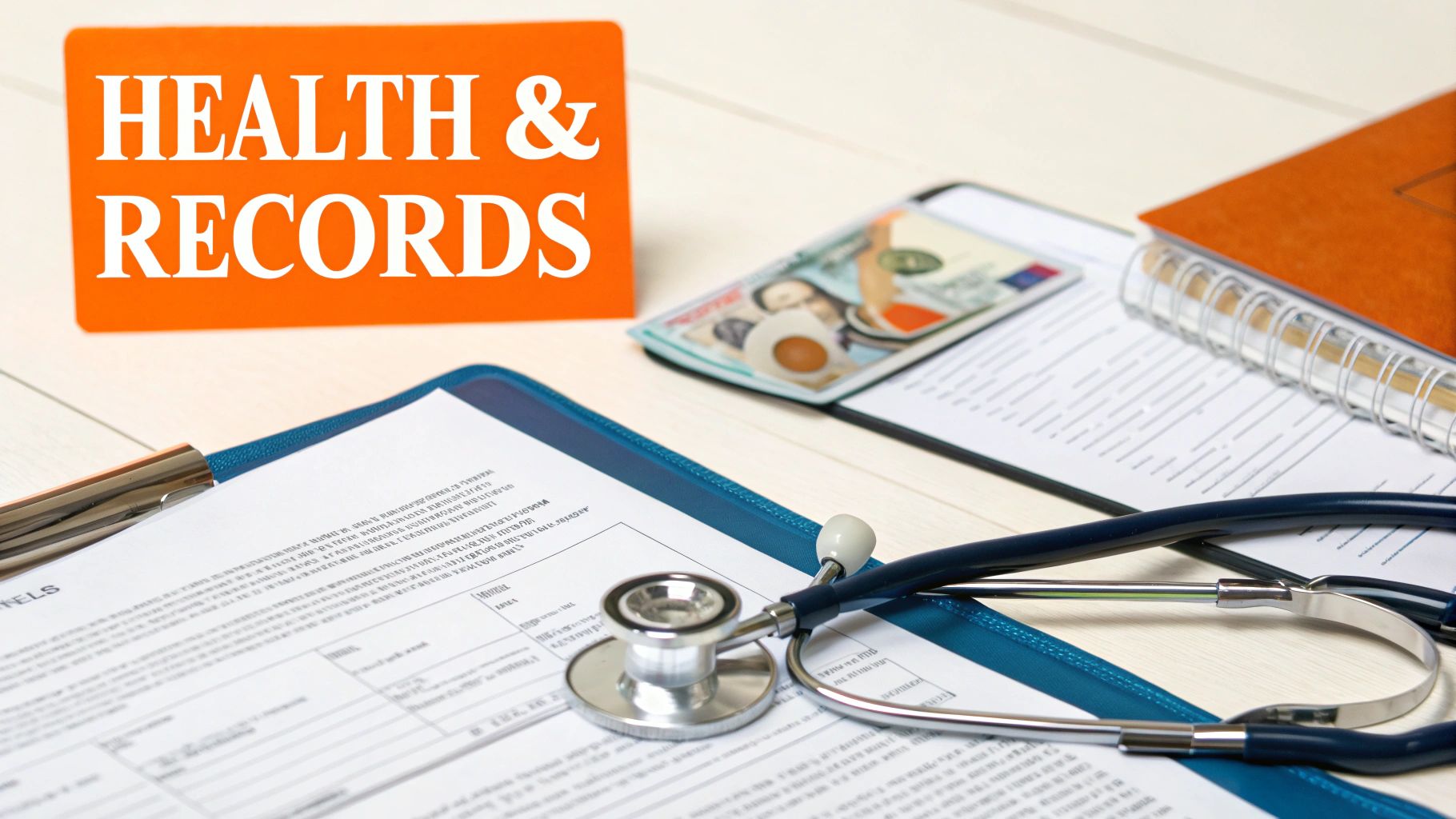 Health & Records sign on a desk with a stethoscope, documents, and money.