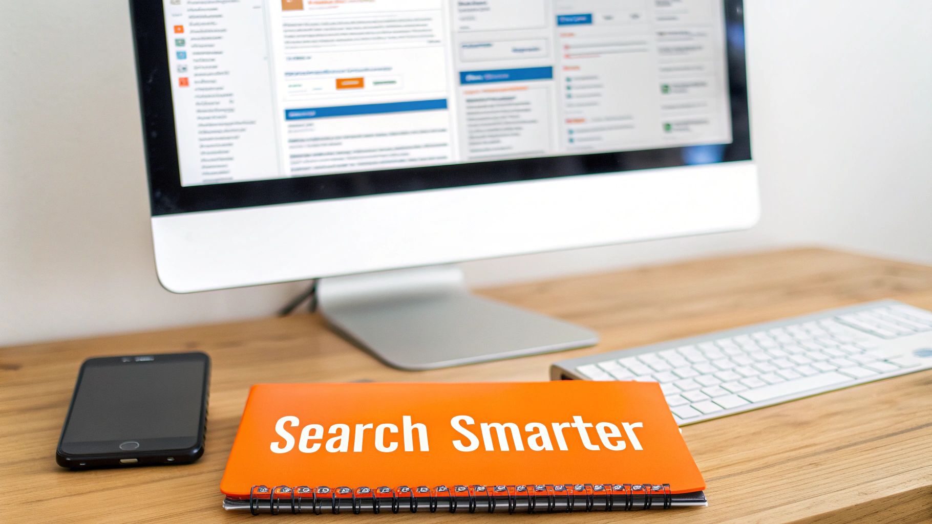 A modern workspace with a computer displaying a job search platform, a smartphone, and an orange notebook that says 'Search Smarter'.