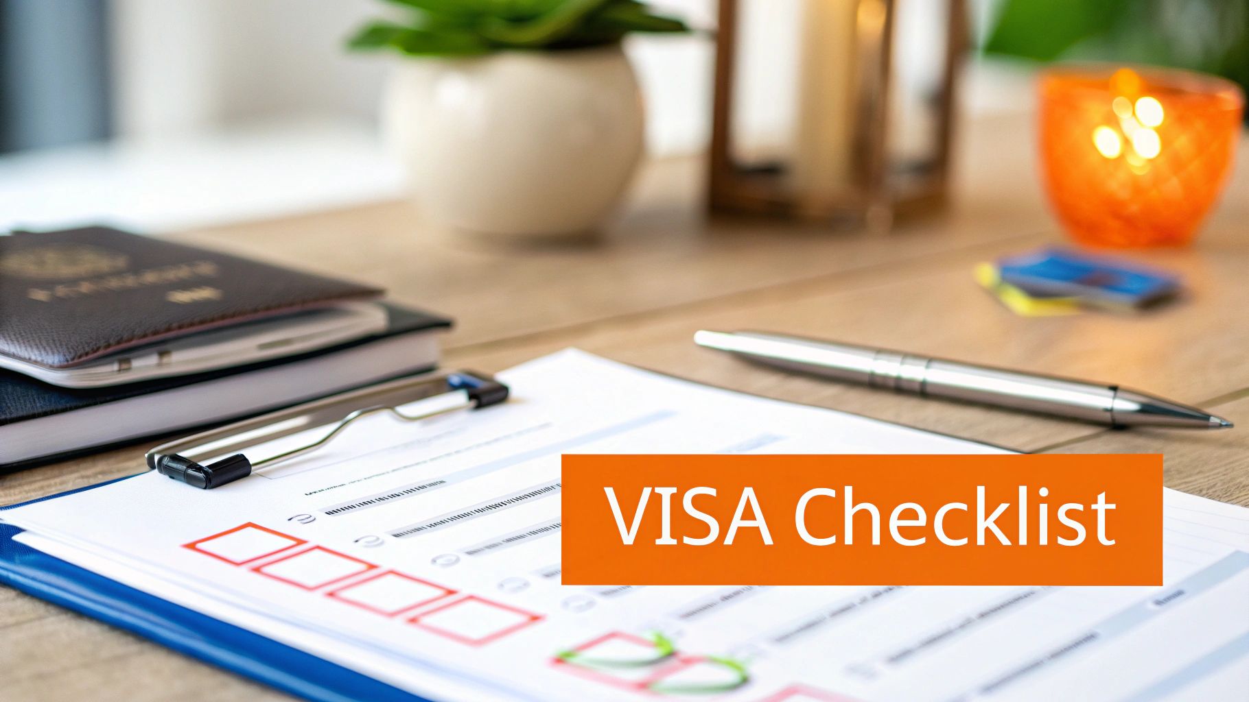 A passport, a visa checklist form, and a pen on a desk, symbolizing travel planning and document preparation.