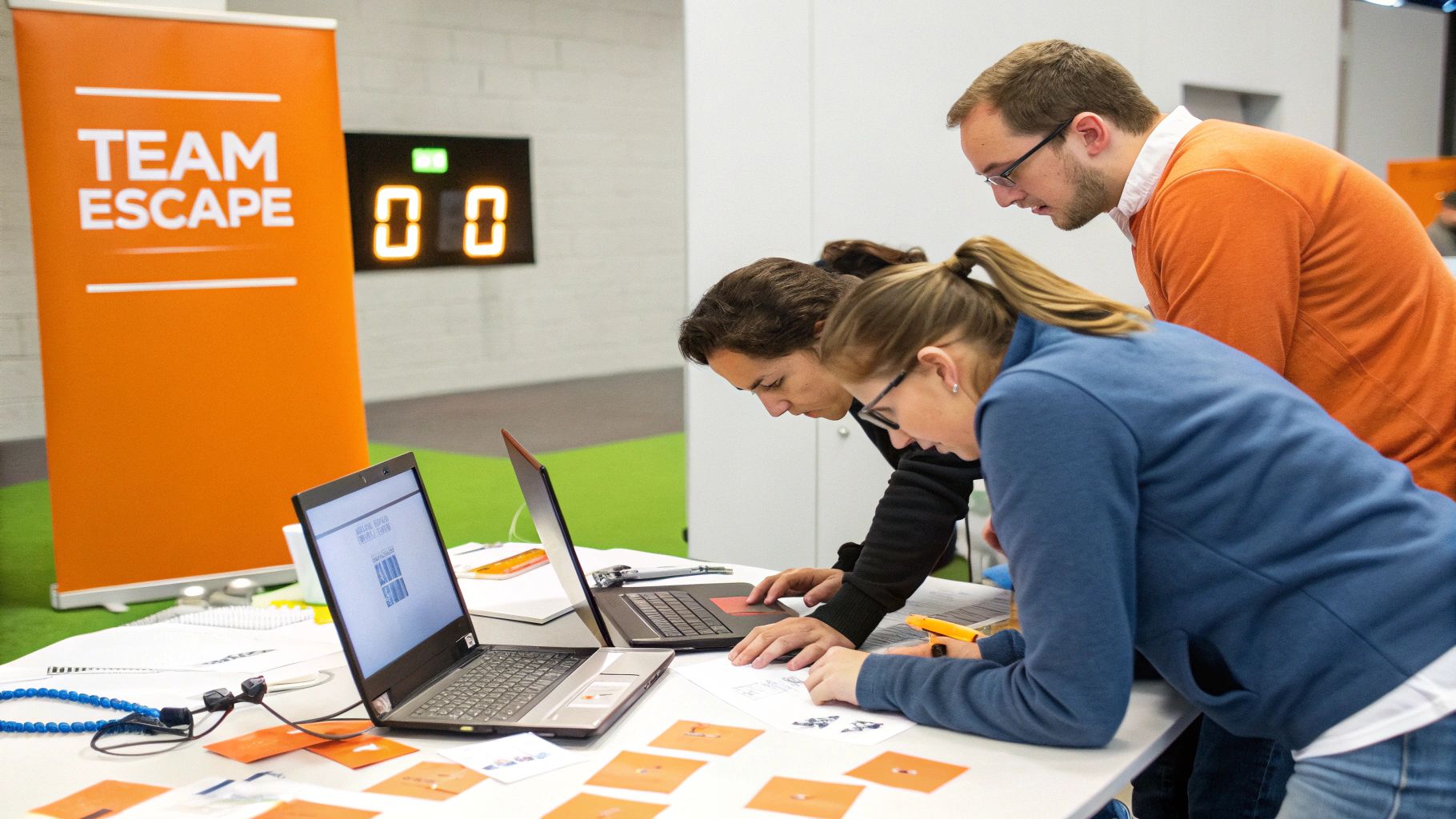 Three people intently collaborating on laptops and papers during a team escape activity.