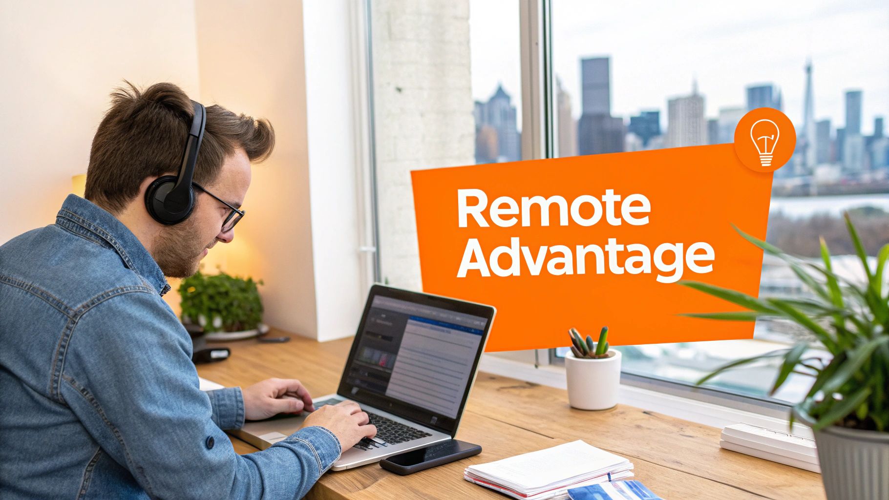 A man with headphones works on a laptop at a desk, with a 'Remote Advantage' sign and city view.