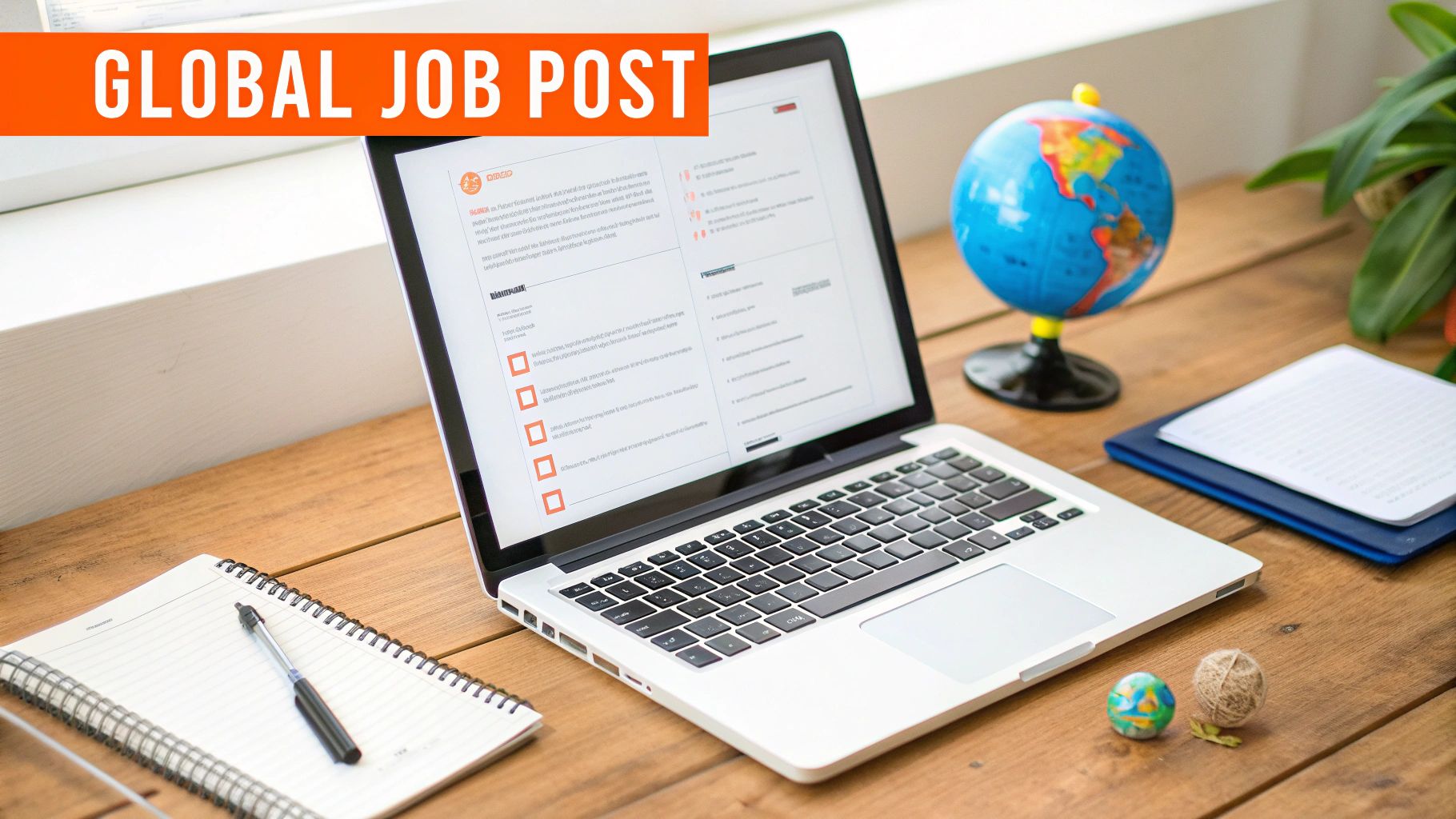 A laptop screen showing a job application, with a globe, notebook, and pen on a wooden desk.