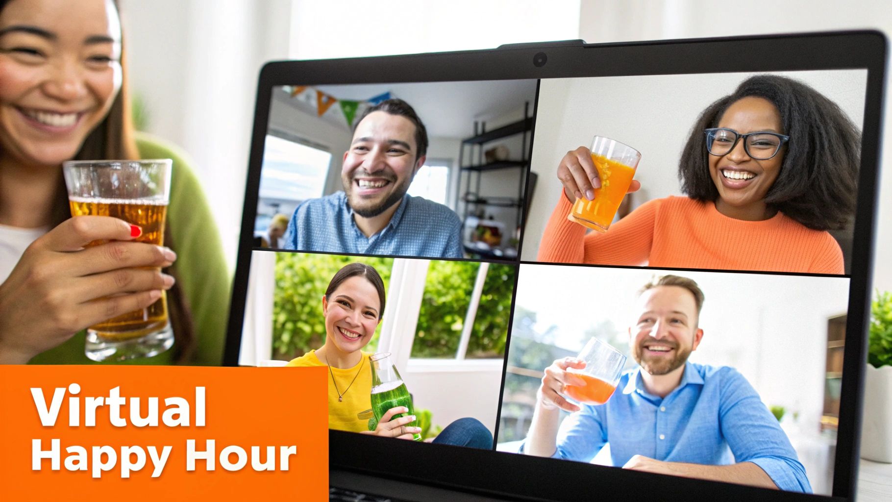 Happy friends laughing and toasting with drinks during a virtual happy hour video call.