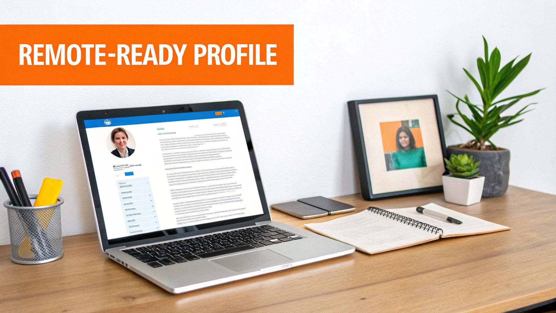 A laptop on a desk displays a woman's remote-ready professional profile with office plants.